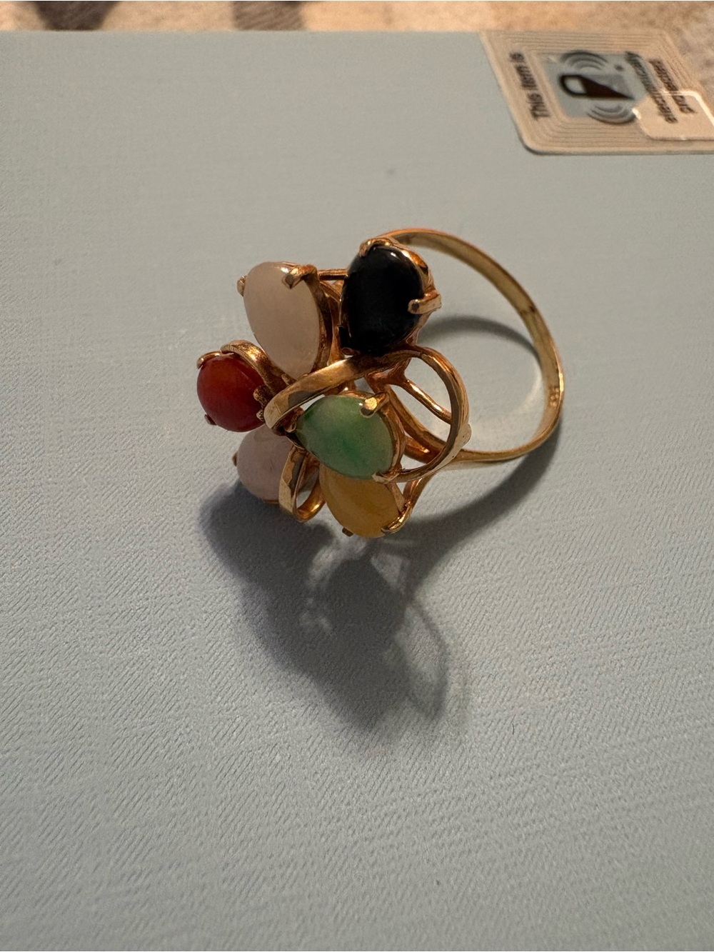 Vintage 14K Yellow Gold Multicolor Jade Floral Cluster Cocktail Ring